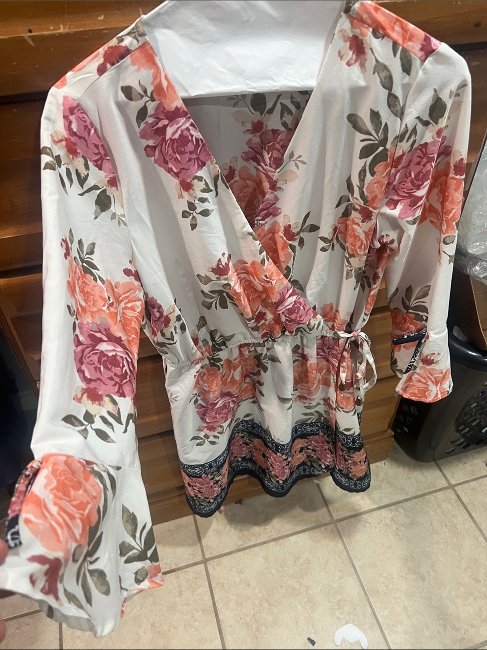 Blush Floral Wrap Top in White with Pink & Coral Flowers